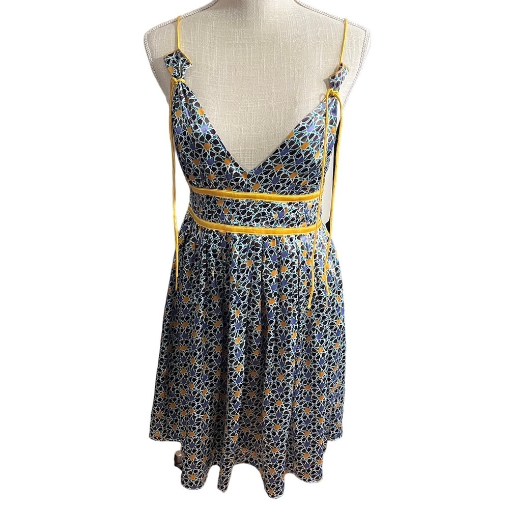 Katia Purple Yellow Abstract Thin Straps Mini Sun Dress Sz M Side Zip Fit Flare